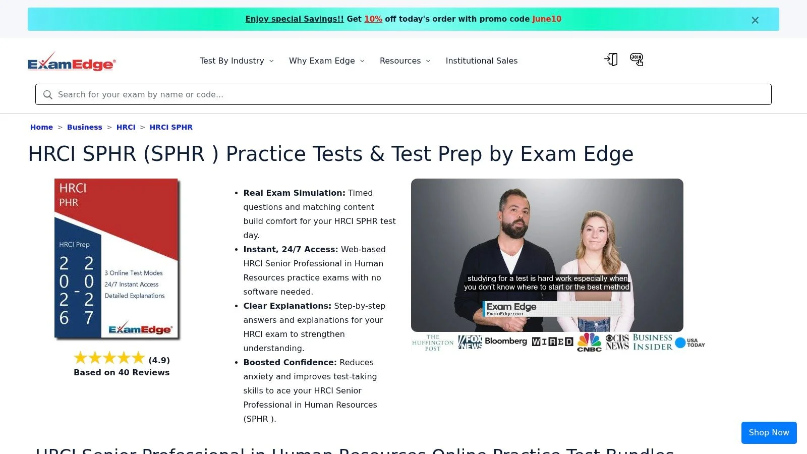 Screenshot of Exam Edge SPHR Practice Test Bundles page