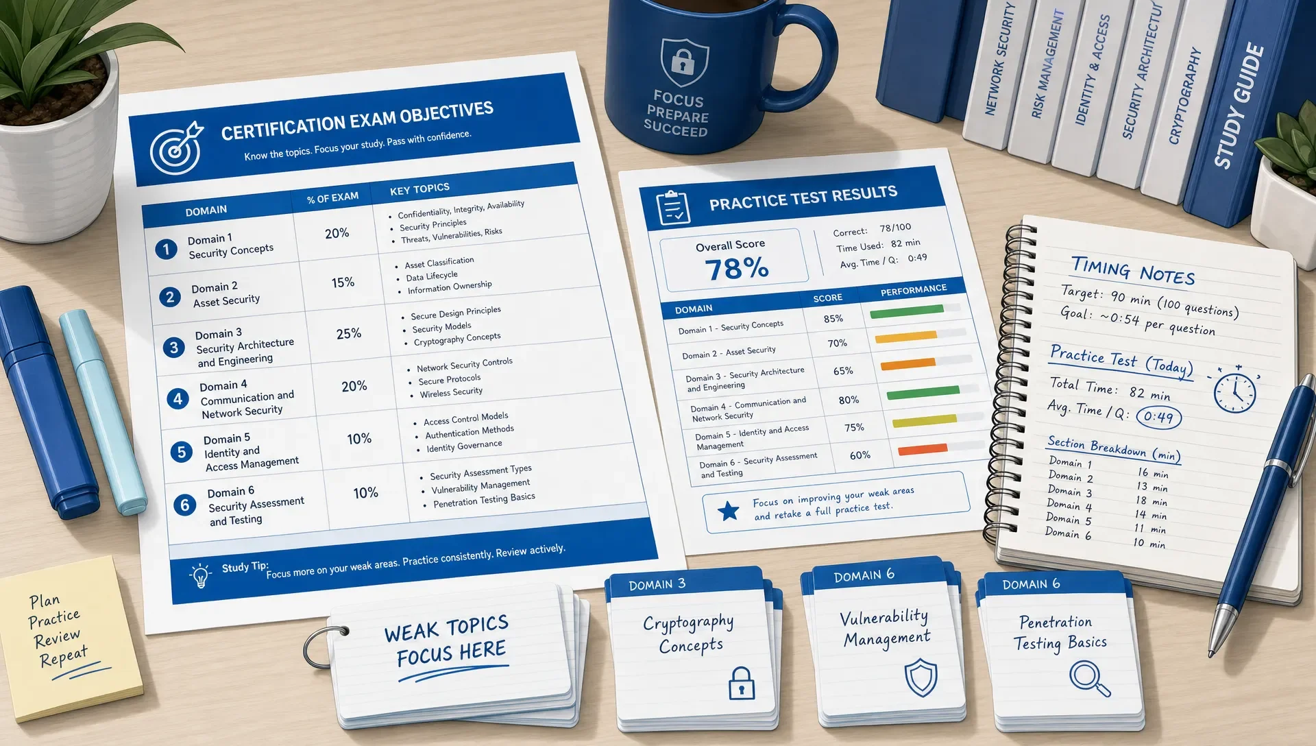 Study desk with exam objectives, practice test results, notes, and flashcards.