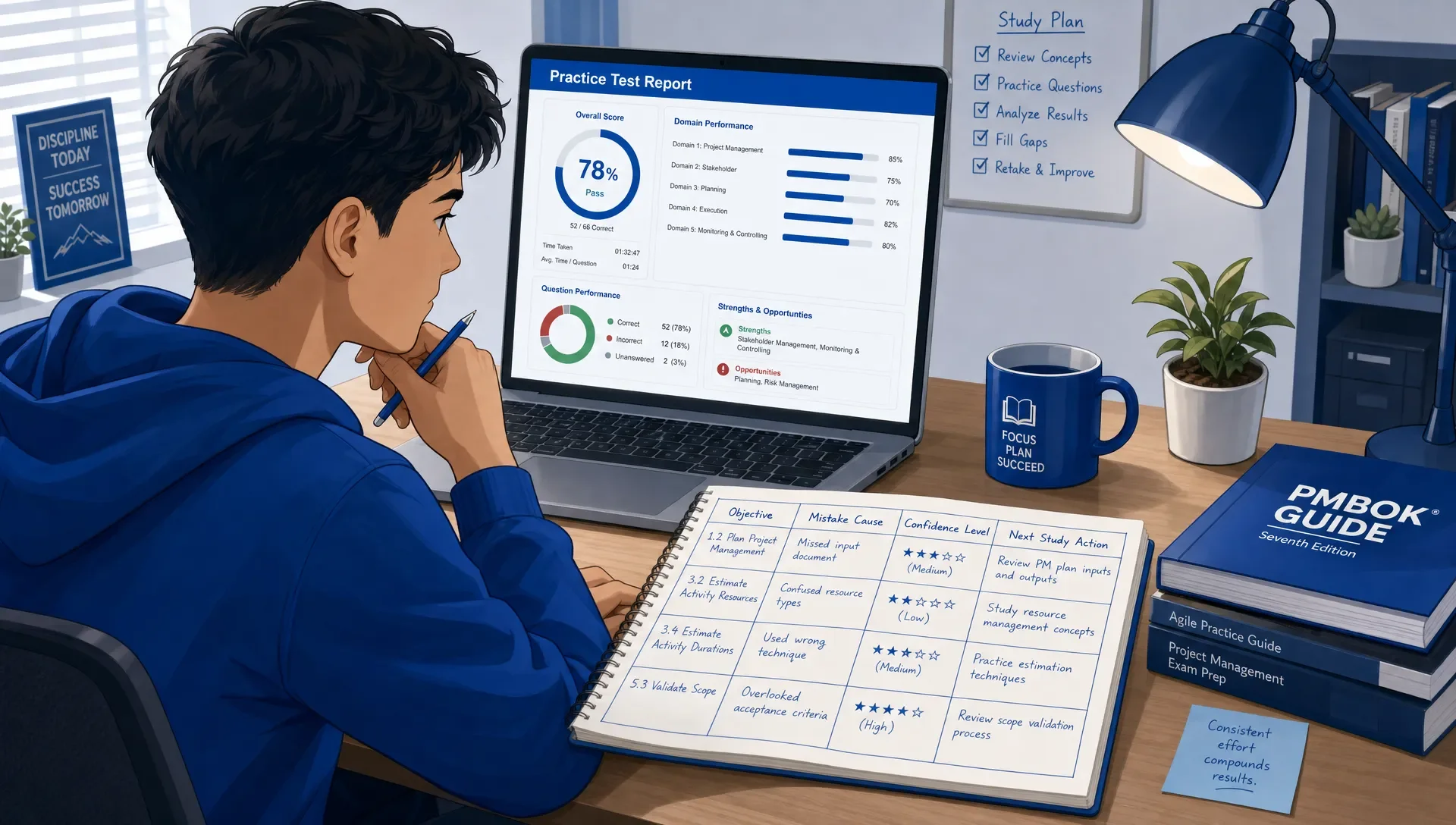 Learner reviews practice test report in a notebook, tracking mistakes and study actions.