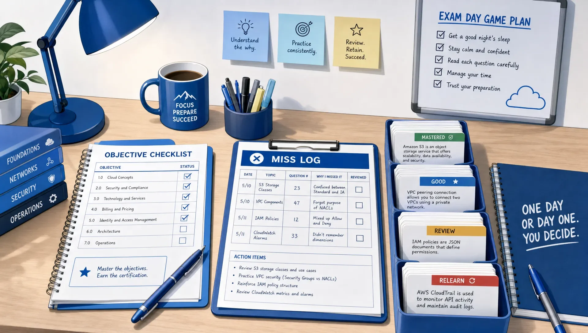 A study desk with a printed objective checklist, a miss log, and flashcards sorted into review piles for certification prep.