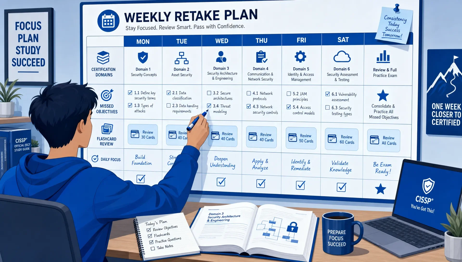 A learner marks a weekly retake calendar with certification domains, missed objectives, and flashcard review blocks.