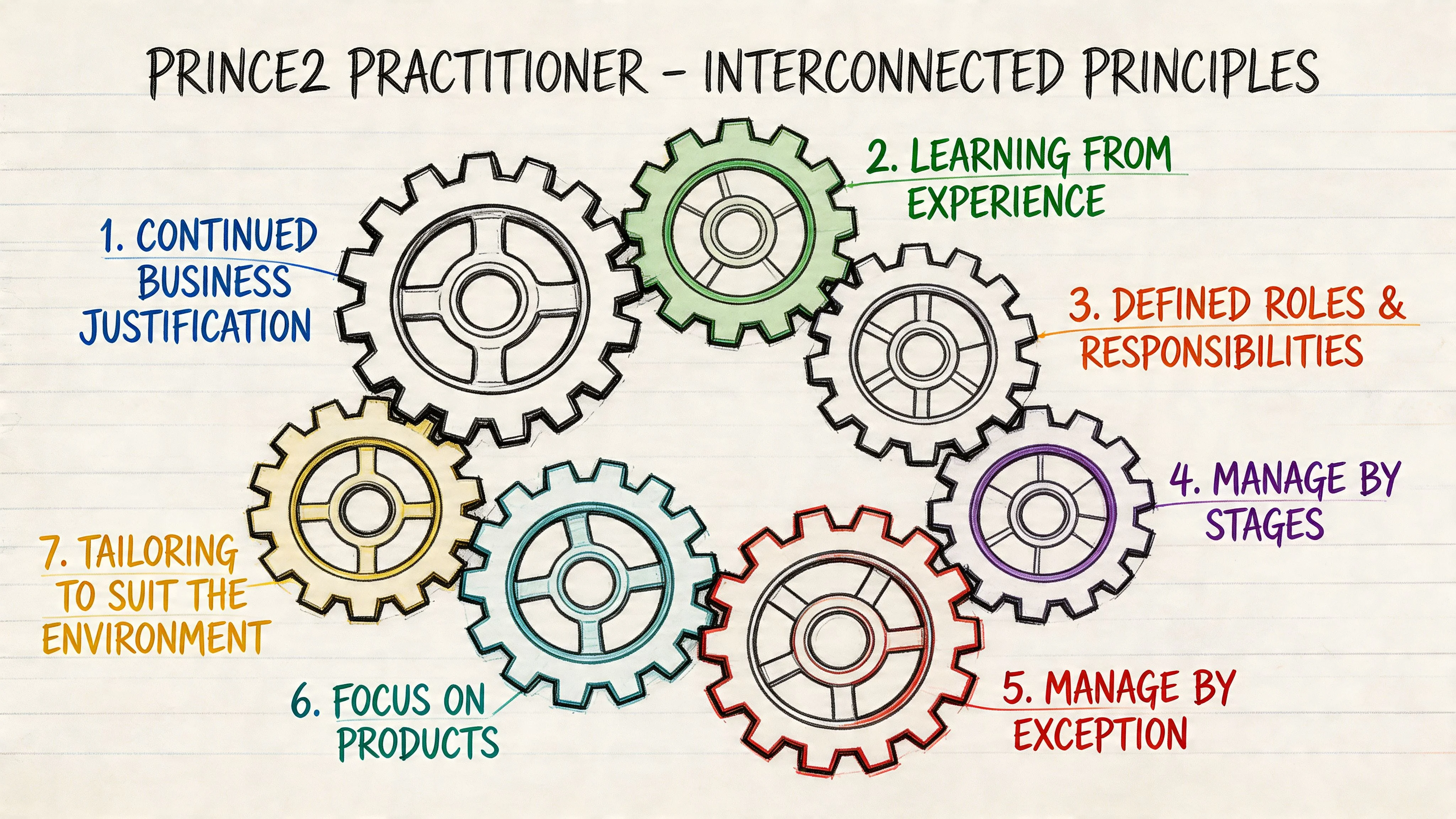 Interconnected gears representing the seven PRINCE2 principles