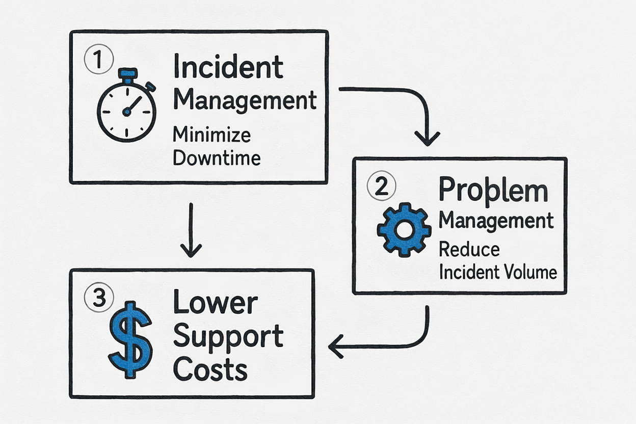 Infographic showing the process flow from Incident Management minimizing downtime to Problem Management reducing incident volume and finally lowering support costs.