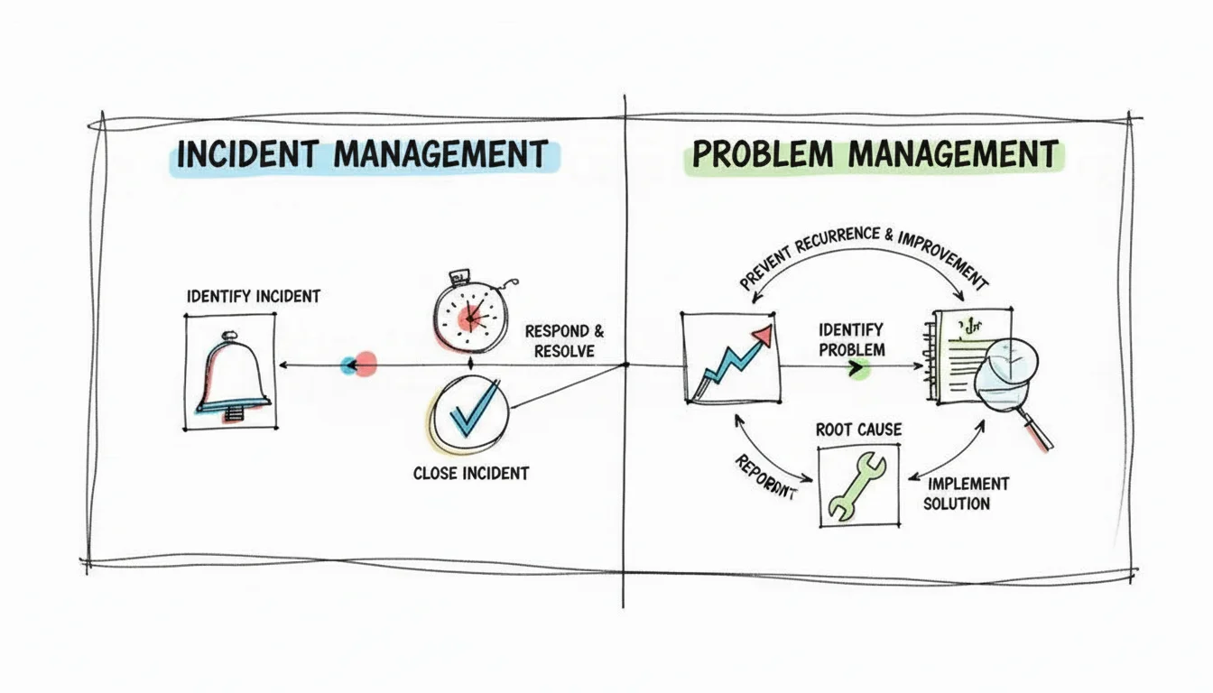 Two diagrams side-by-side, one showing a linear, fast-paced incident management workflow and the other a cyclical, investigative problem management workflow, highlighting their structural differences.