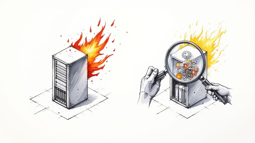 Two professionals at a desk, one looking stressed with a fire icon above their head (incident) and the other looking calm with a lightbulb icon (problem), visually representing the reactive vs proactive nature of the roles.