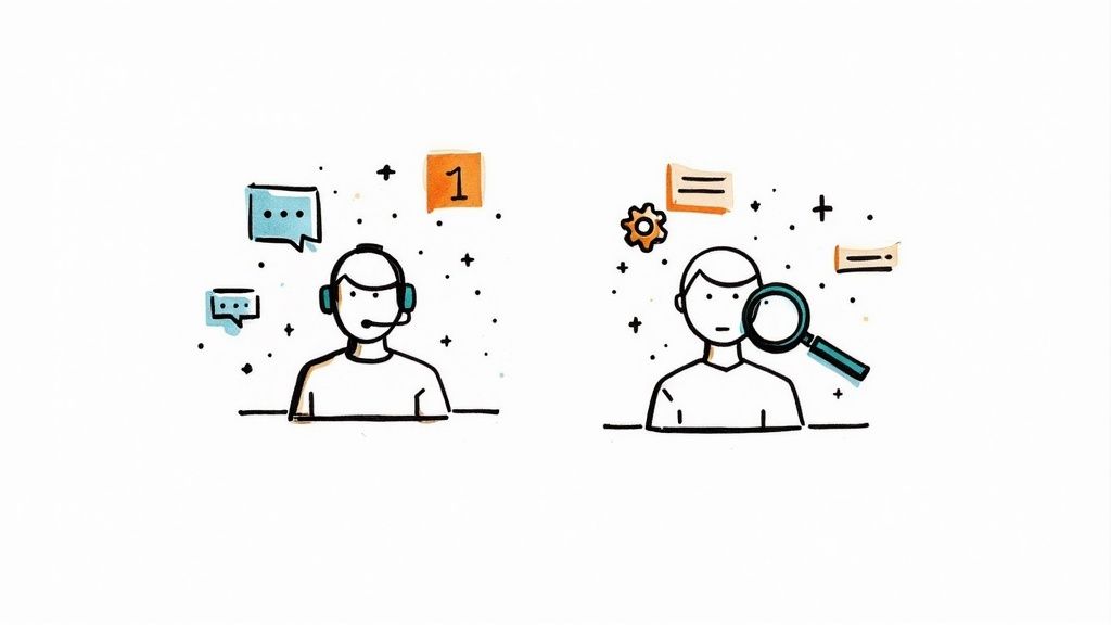 Two professionals at a desk, one looking stressed with a fire icon above their head (incident) and the other looking calm with a lightbulb icon (problem), visually representing the reactive vs proactive nature of the roles.