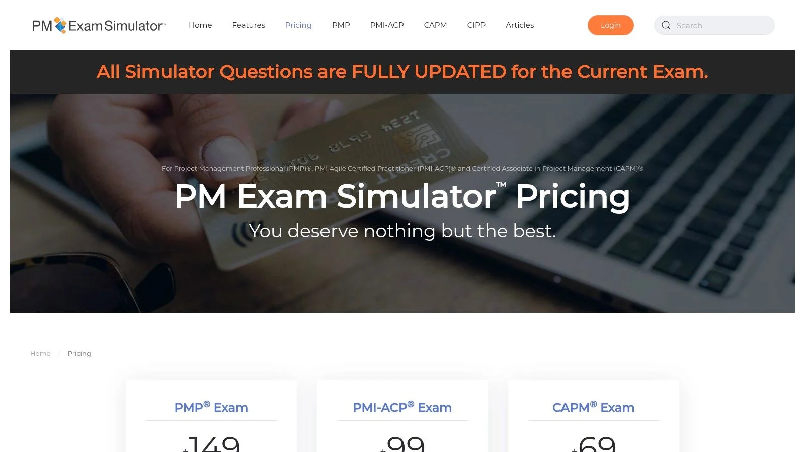 The PM Exam Simulator dashboard