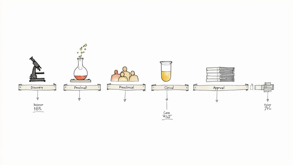 Hand-drawn diagram illustrating a project pipeline with stages: Discovery, Preclinical, Clinical, and Approval, showing success rates.