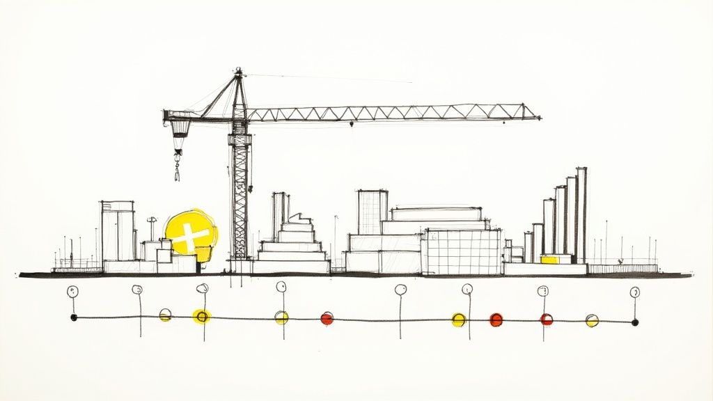 A hand-drawn sketch of a city skyline under construction with a large crane and a timeline.