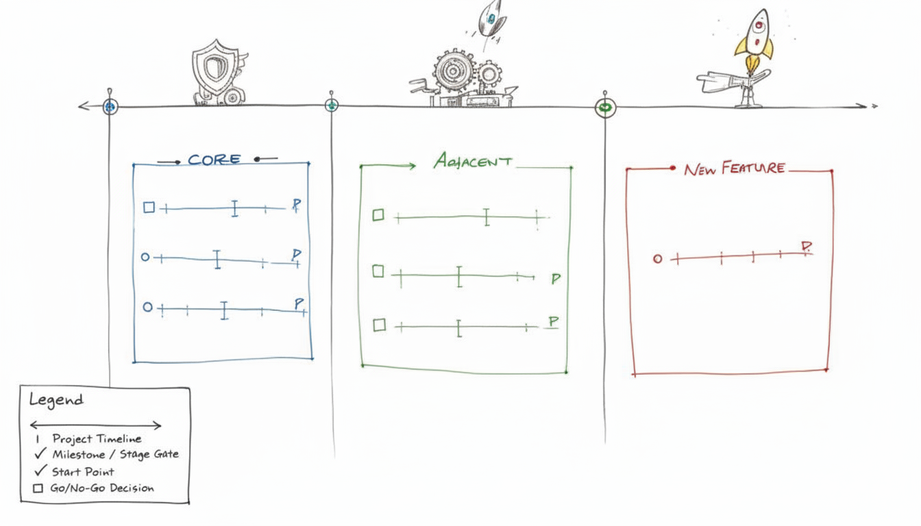 Hand-drawn diagram showing project portfolio management with core, adjacent, and new feature categories.