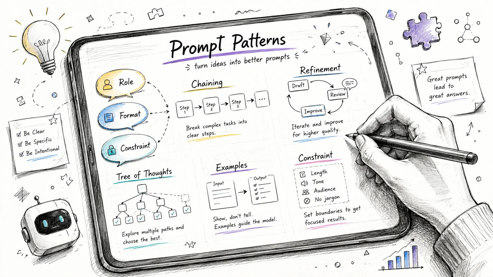 Sketch showing prompt engineering patterns: chaining, refinement, tree of thoughts.