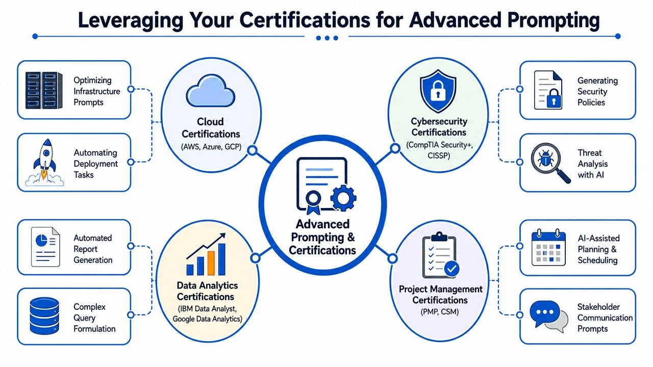 Diagram showing how certifications in cloud, cybersecurity, data, and management enhance prompting.