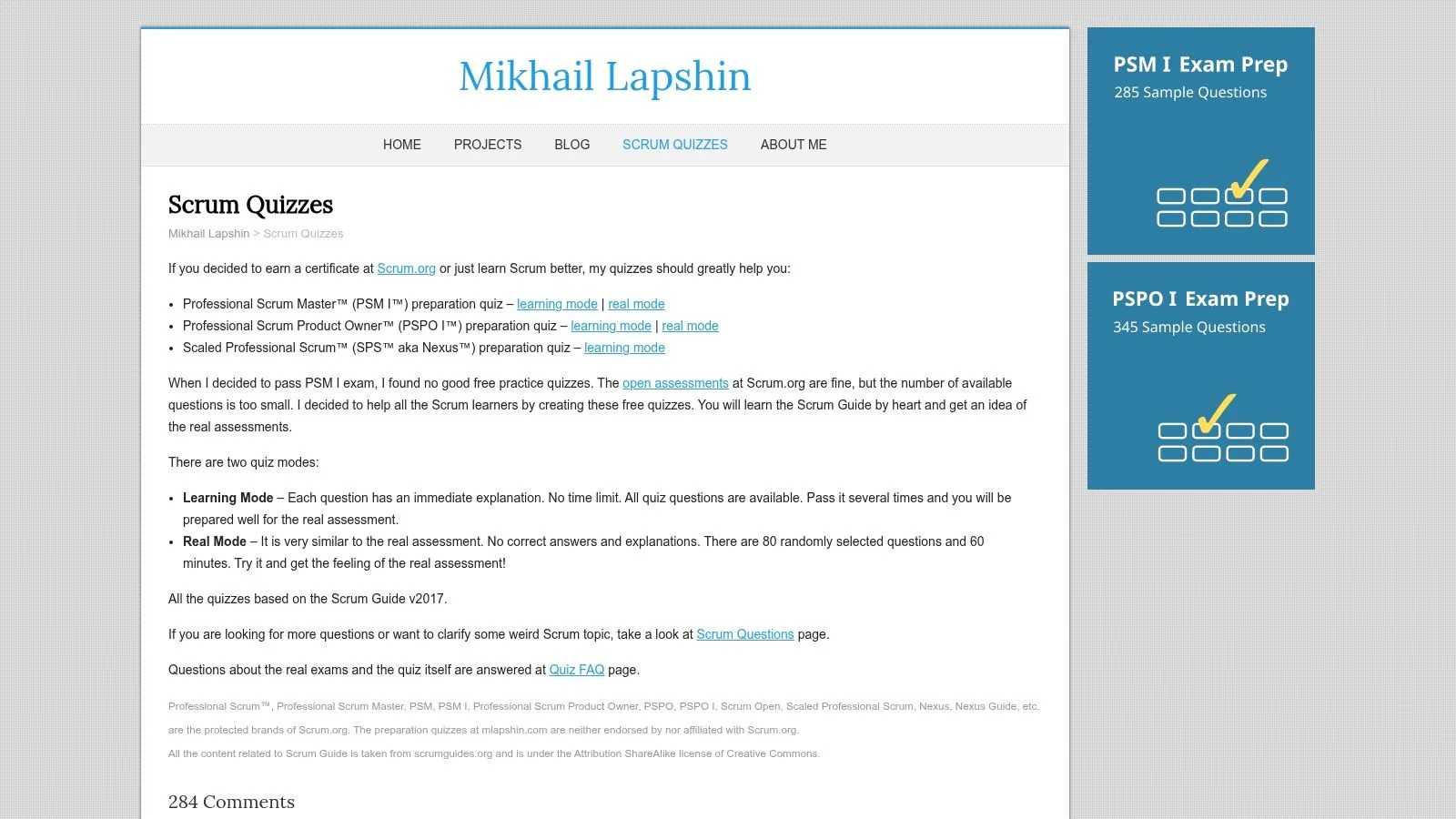 Mikhail Lapshin Scrum Quizzes website