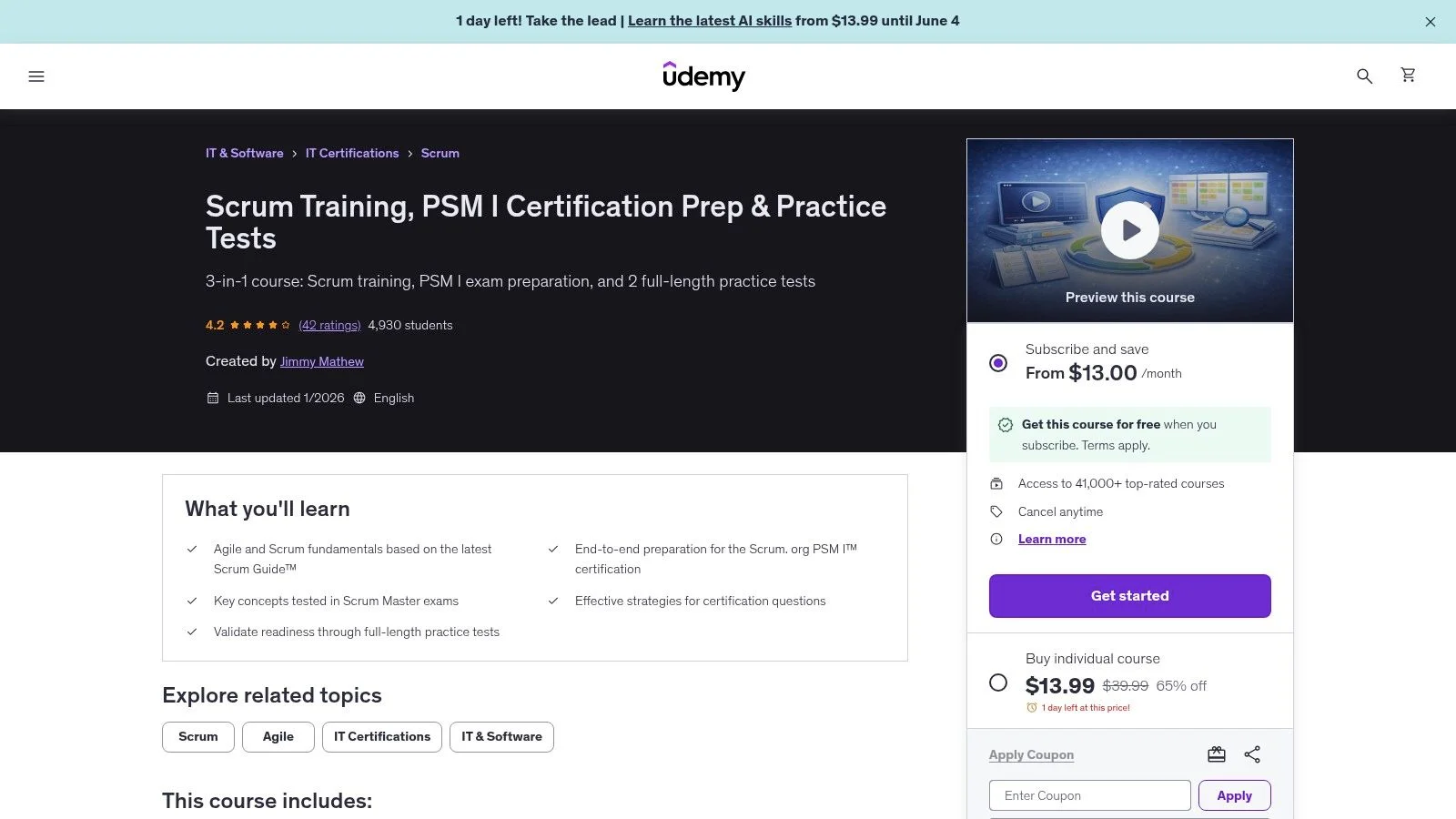 Udemy Scrum Training course interface