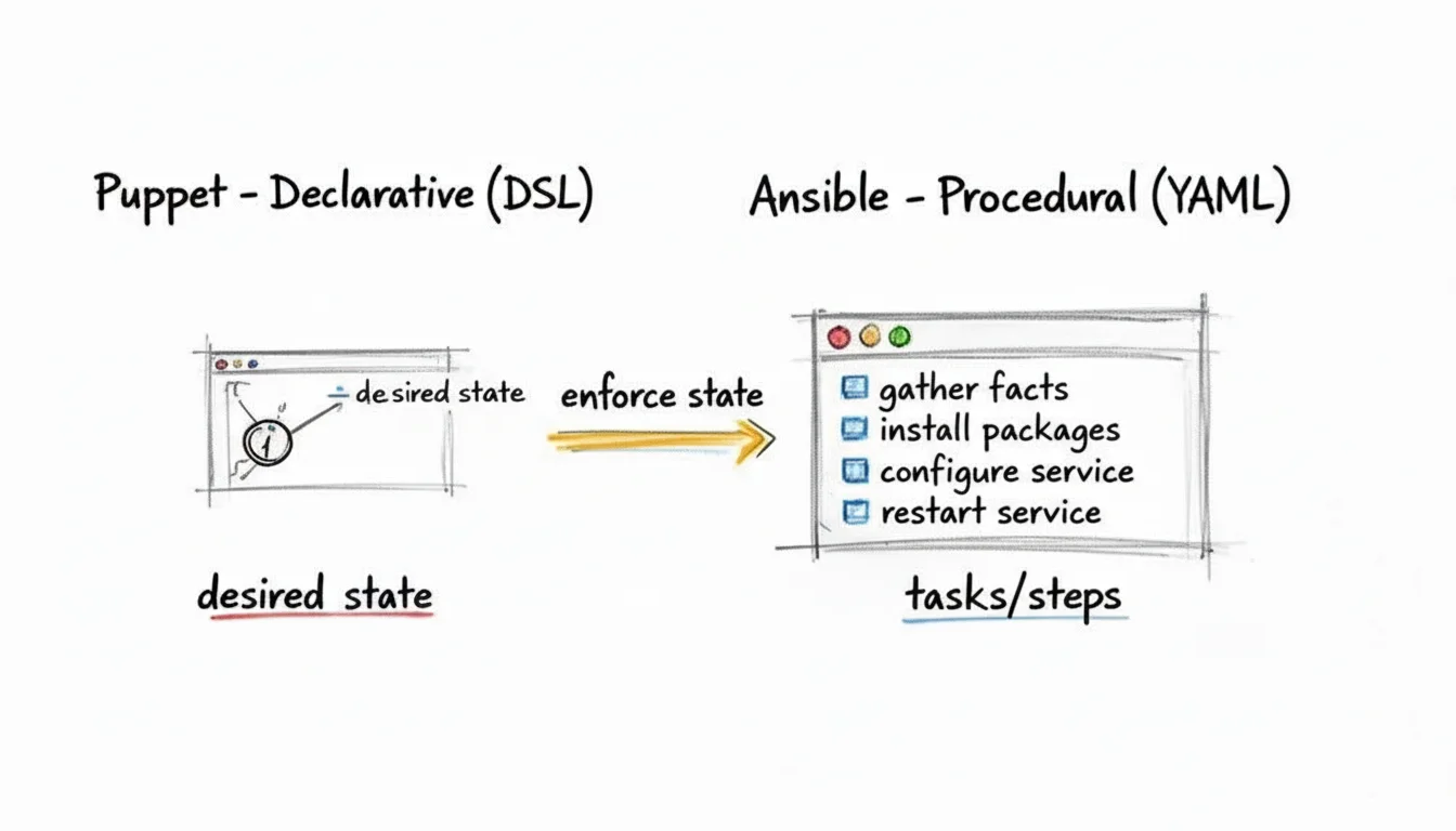 Diagram comparing Puppet's declarative desired state with Ansible's procedural tasks and steps.
