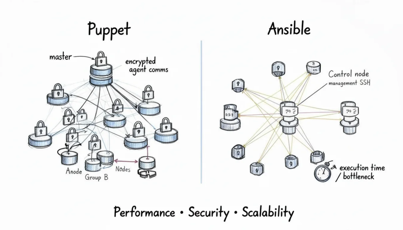A diagram comparing Puppet's master-agent architecture with encrypted communications to Ansible's agentless control node SSH model.