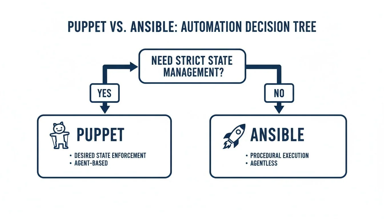 A decision tree comparing Puppet and Ansible for automation based on strict state management needs.