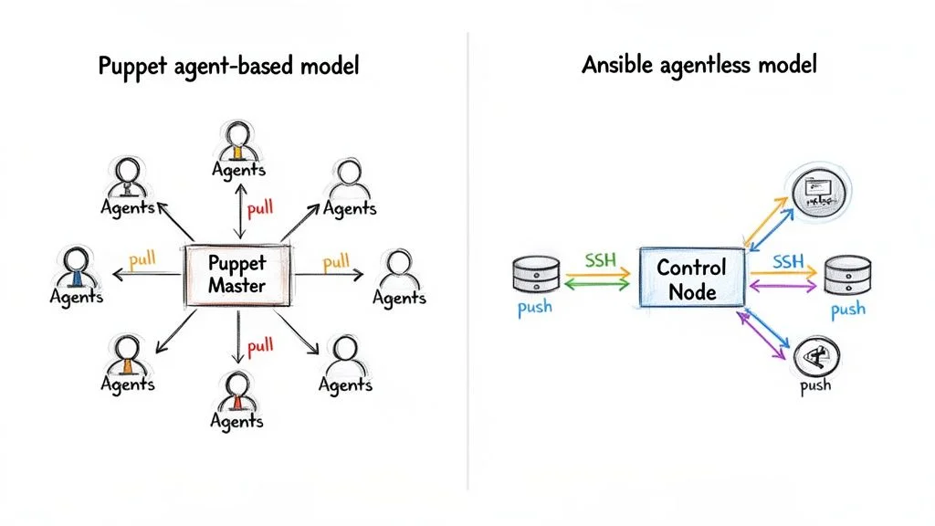 Diagram comparing Puppet's agent-based pull model with Ansible's agentless SSH push model.