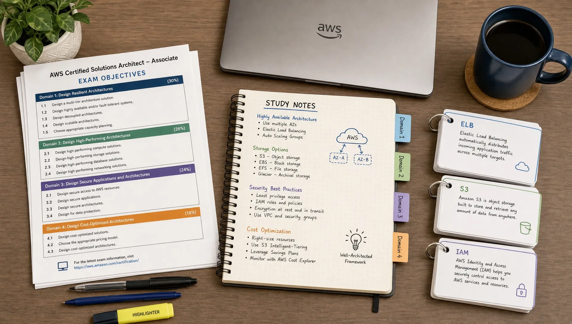 Study setup with certification objectives, a notebook with tags, flashcards, and a laptop.