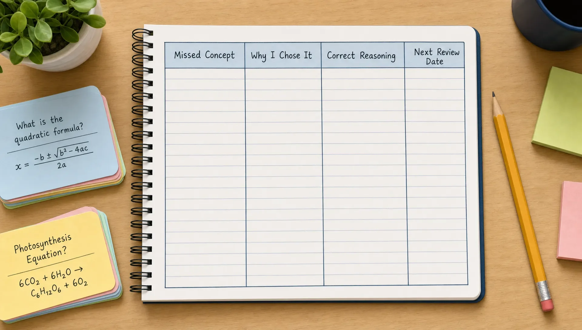 Notebook page with columns for missed concepts, reasoning, and review dates, next to flashcards and a pencil.