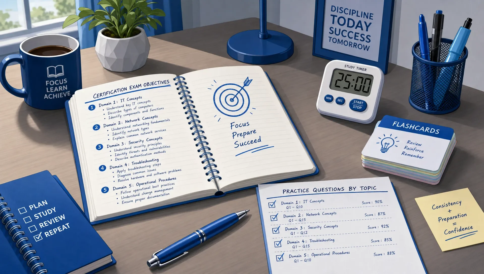 A study desk with an open notebook listing certification exam objectives, a stack of flashcards, a timer, and checked practice question notes organized by topic, viewed from a slight overhead angle in a quiet indoor study room.