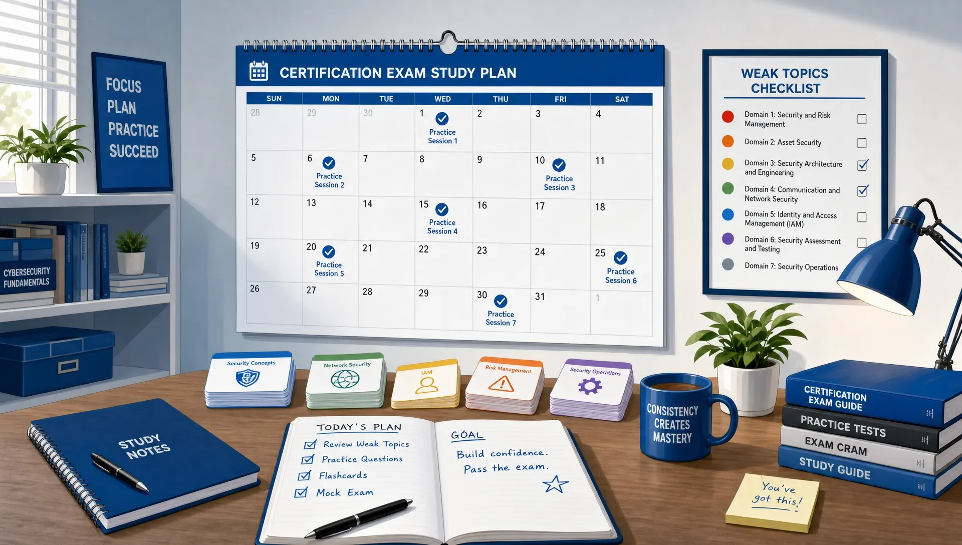 A wall calendar with spaced practice sessions marked on several days, next to color-coded flashcards and a checklist of weak certification exam topics, shown as a wider room scene with the calendar as the focal point.