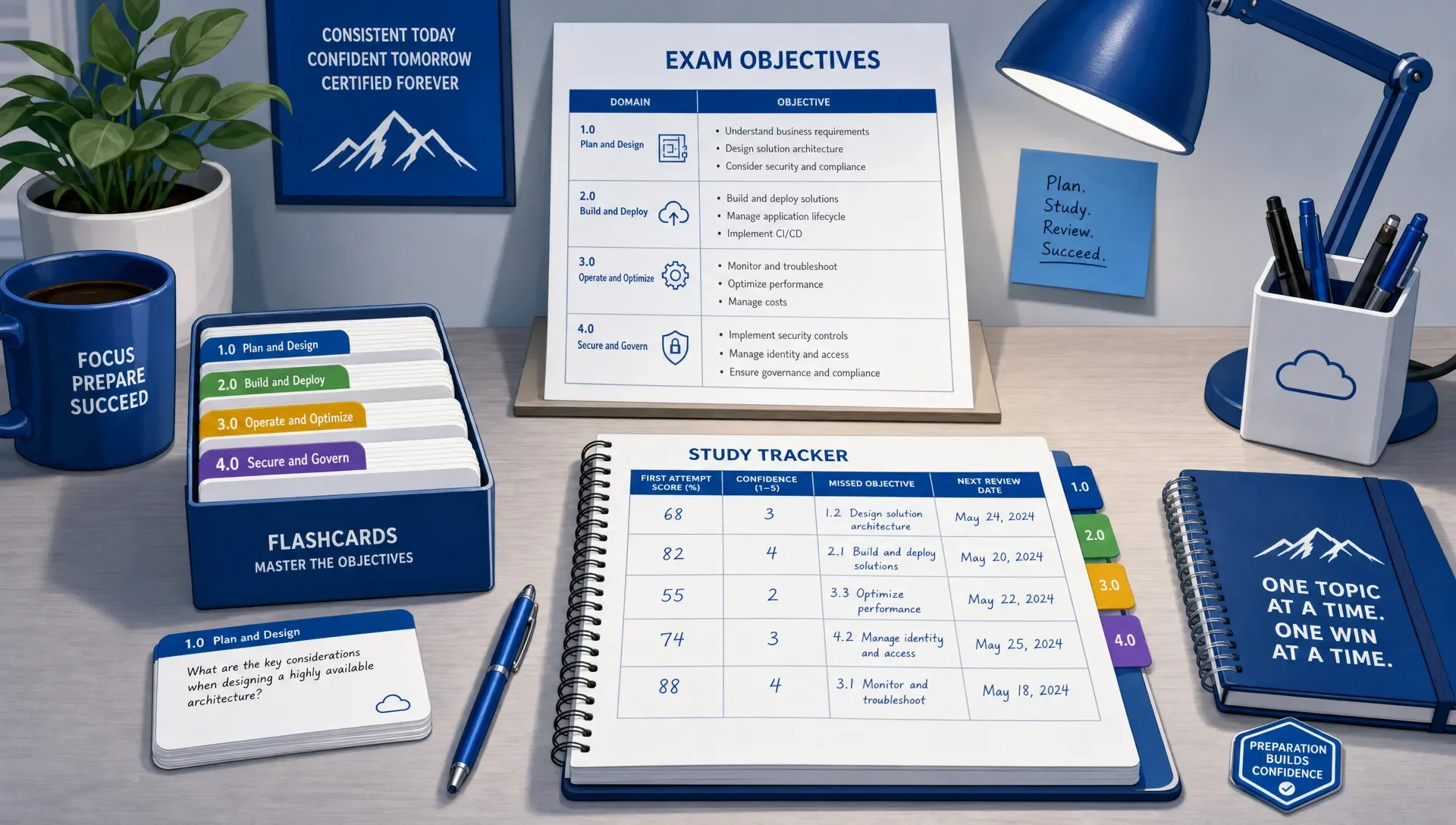 Desk with study notes, flashcards, and a notebook tracking exam scores and objectives.