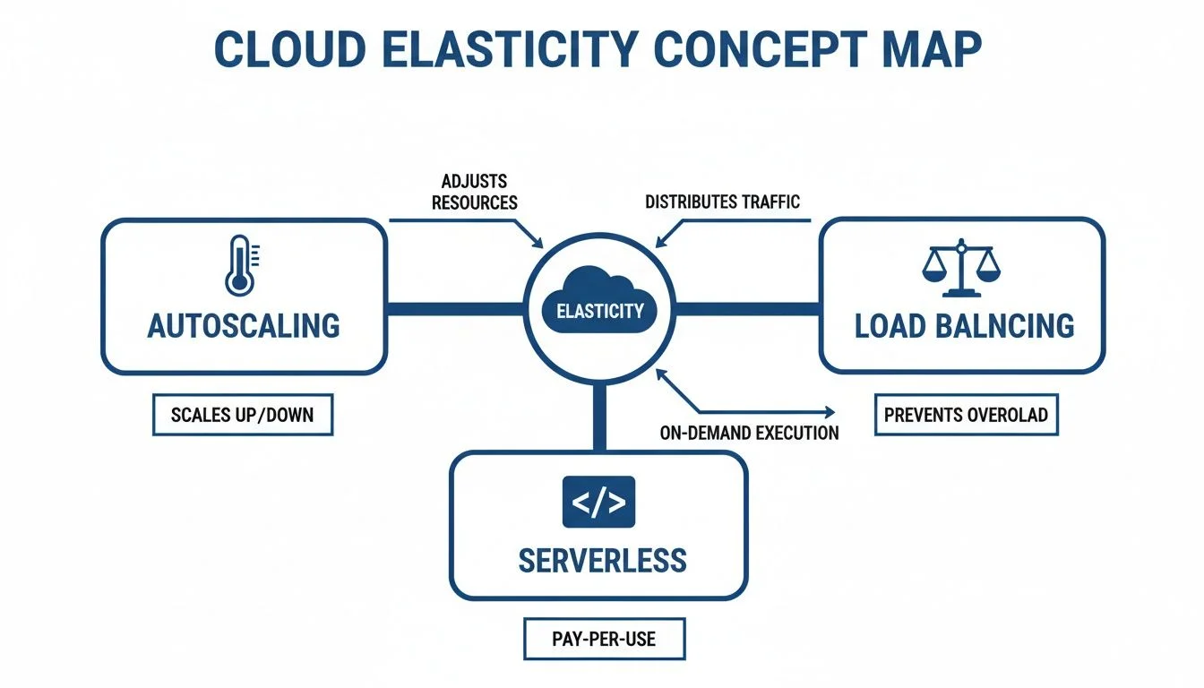 Cloud Elasticity concept map detailing autoscaling, load balancing, and serverless principles and their functions.