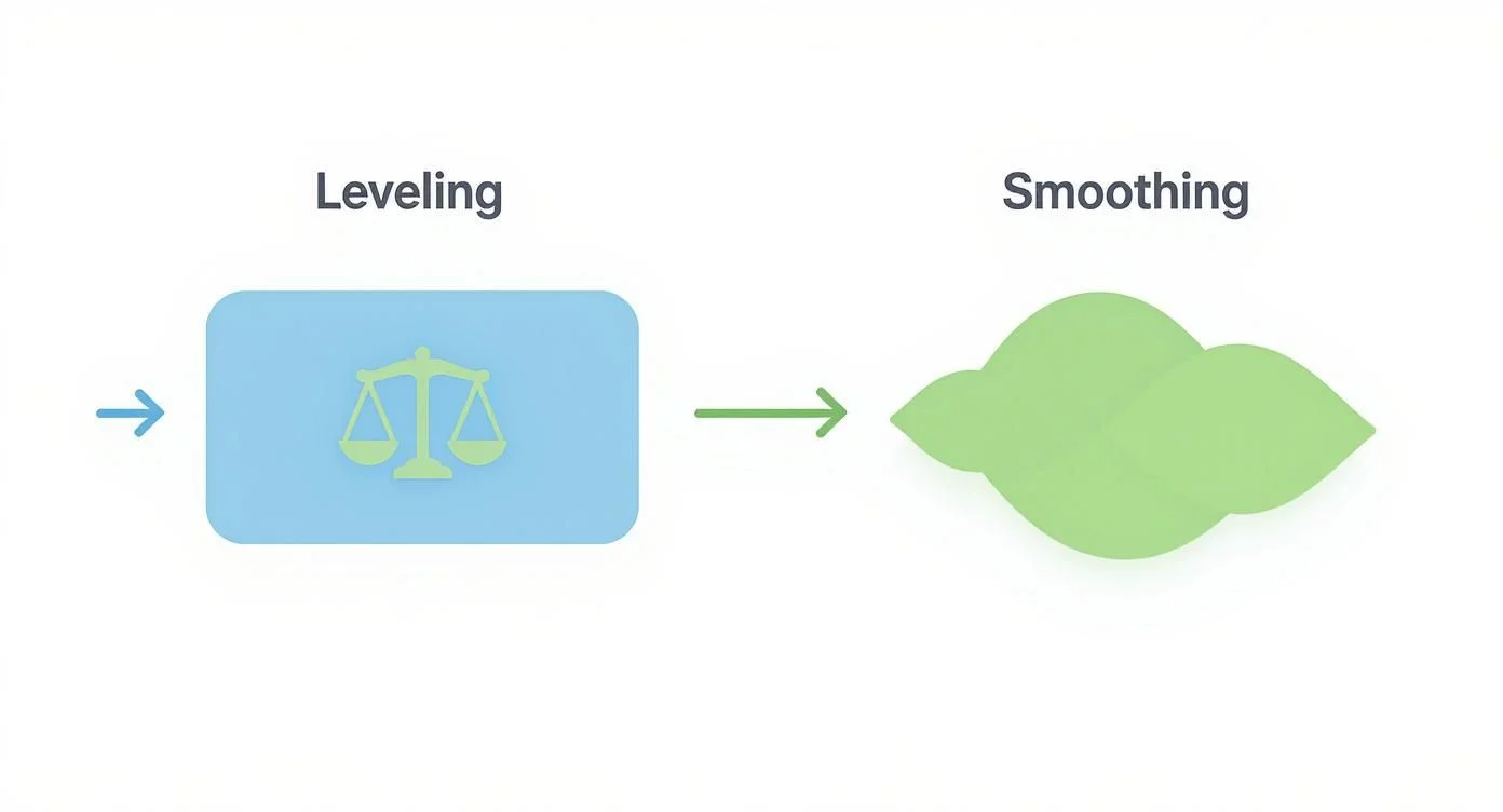 Diagram illustrating 'Leveling' represented by a balance scale and 'Smoothing' by green wavy shapes.