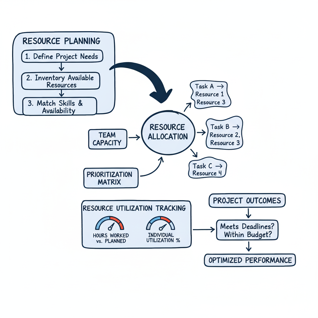 Hand-drawn diagrams illustrating various project management metrics like utilization, planned vs actual, and project margin.
