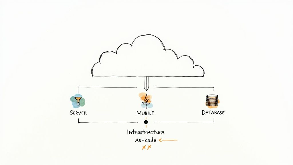 Cloud infrastructure diagram showing server, mobile, and database components with infrastructure as code implementation
