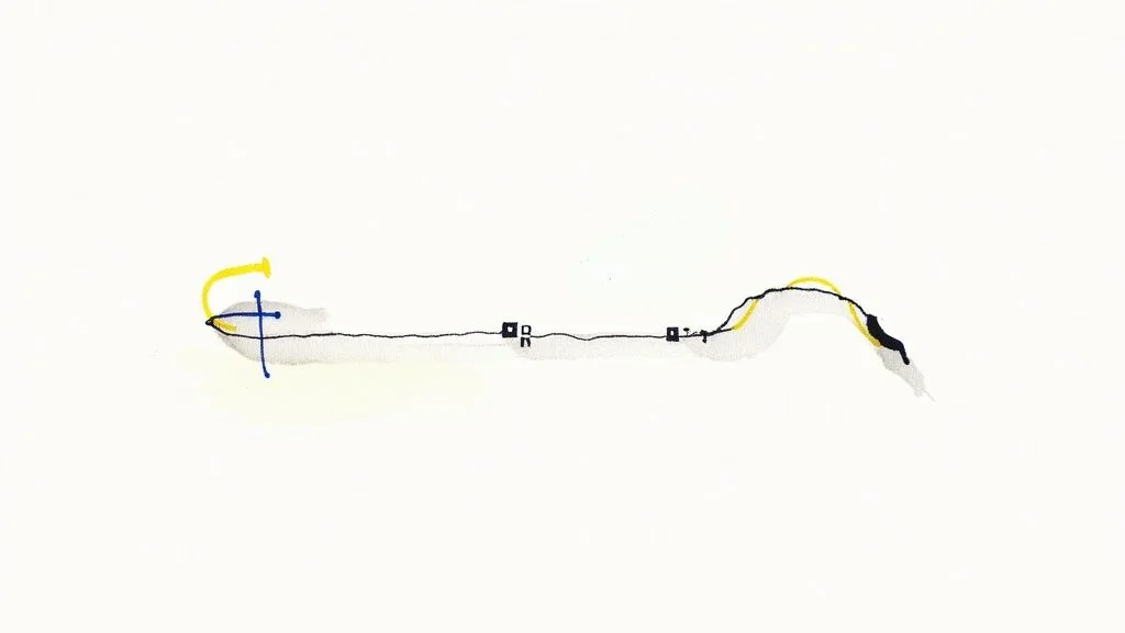 Illustrating a flexible and interconnected workflow, often enabled by Python scripting. Hand-drawn diagram showing connected path with curved arrows and anchor points illustrating workflow process