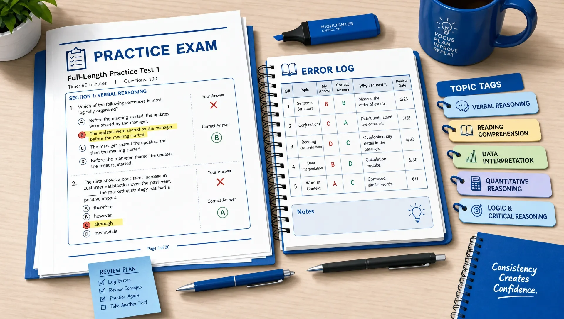 A printed practice exam sits beside highlighted wrong answers, a simple error log, and topic tags on a study desk.
