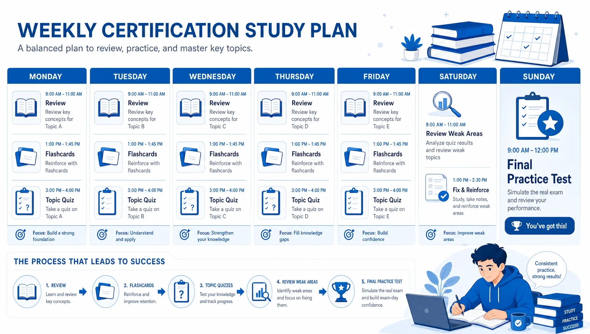 A weekly certification study plan shows review blocks, flashcard sessions, topic quizzes, and a final practice test after weak areas are fixed.