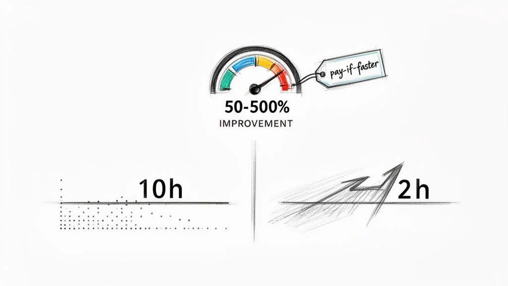 Visualizing a process improvement from 10 hours to 2 hours, indicating 50-500% performance gain.