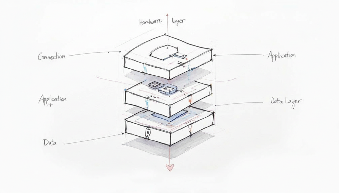 An illustration of a secure architecture with interconnected components and protective layers.