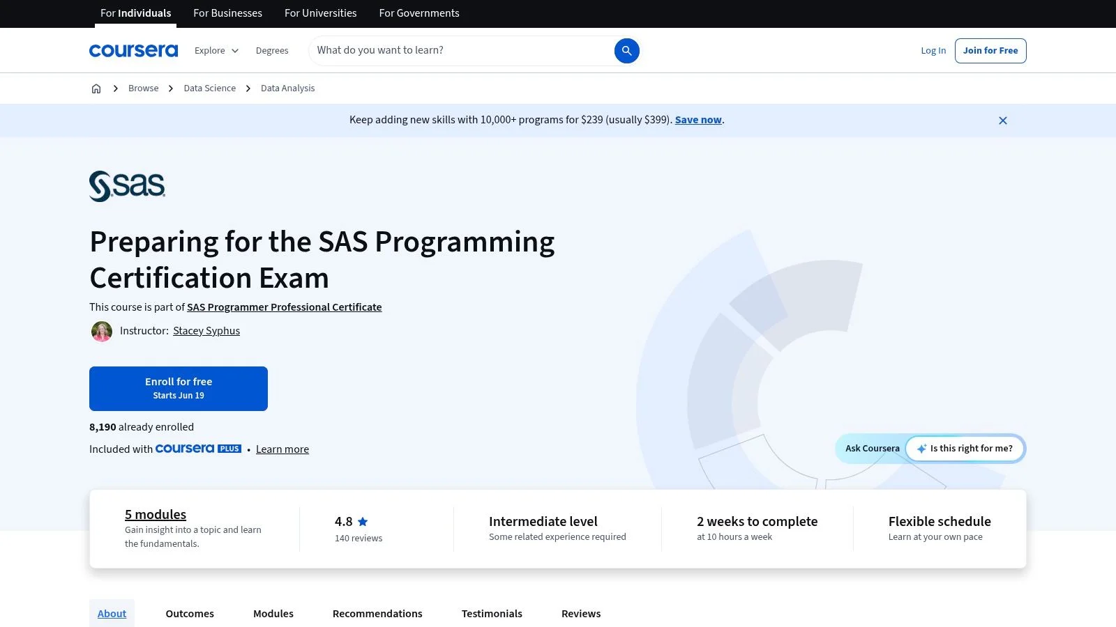 Screenshot of the Coursera SAS certification prep course.