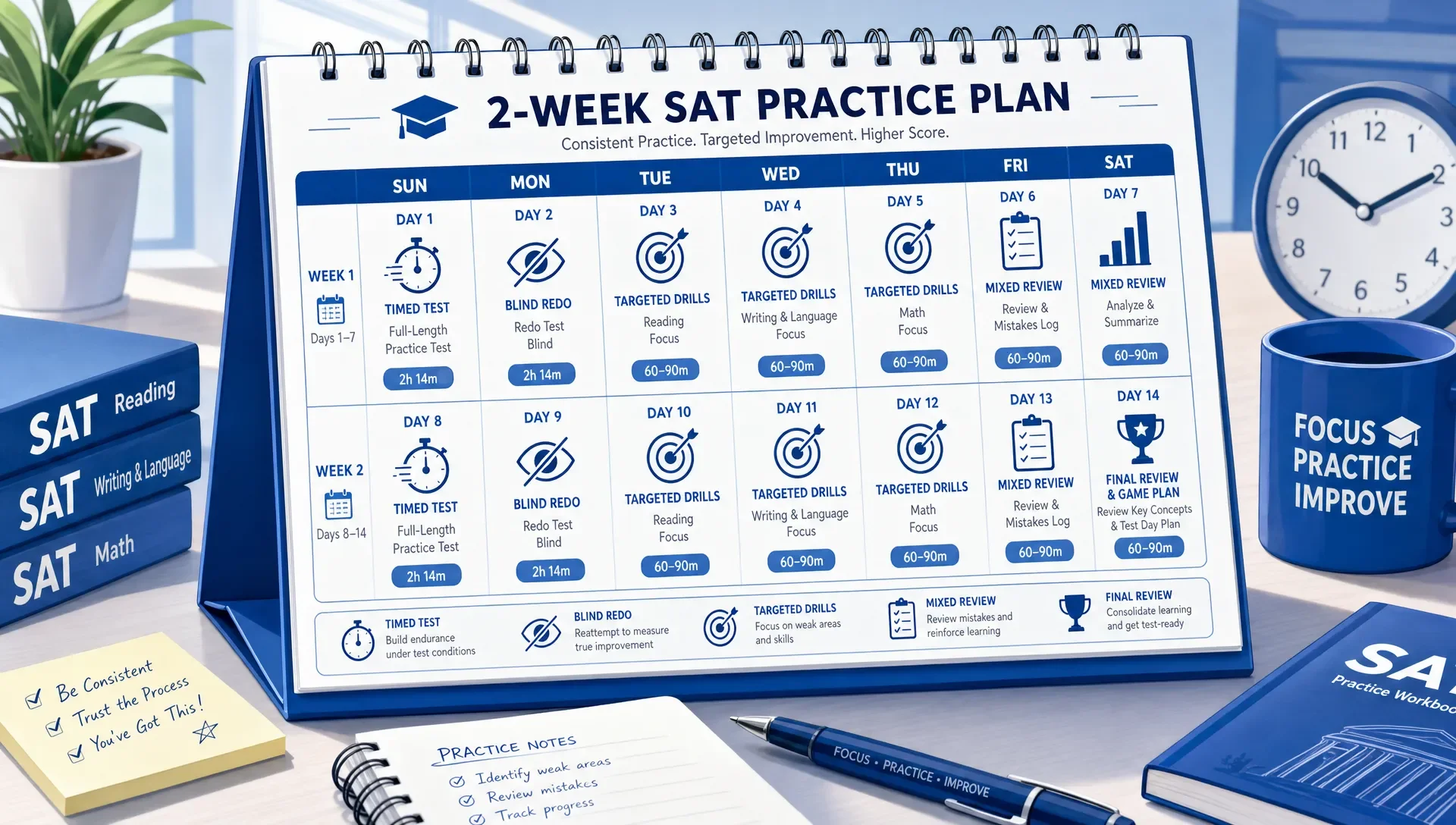 A desk calendar marks a two-week IT certification practice plan with timed test, blind redo, targeted drills, and mixed review blocks.