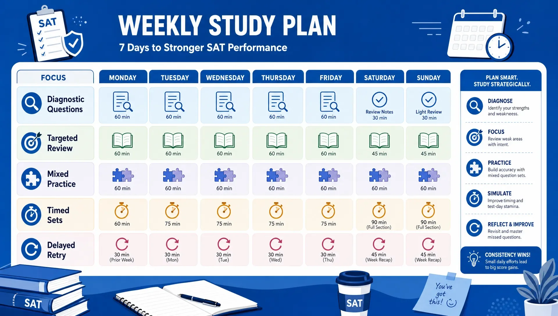 Weekly study plan with blocks for different practice modes.