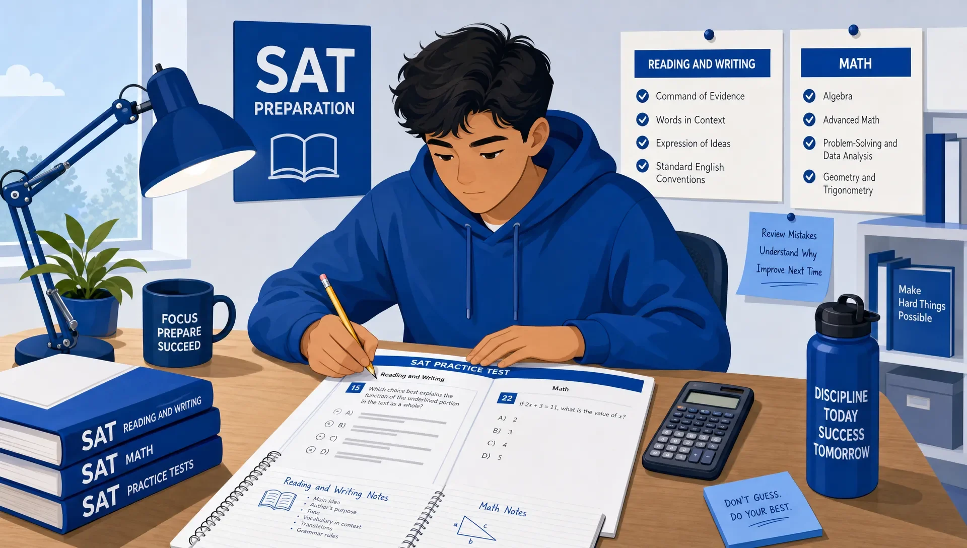 Student studying for SAT with practice questions, notebook, and calculator.
