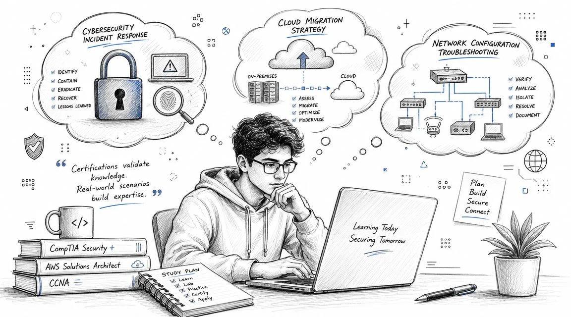 Student studying IT certifications with thought bubbles for cybersecurity, cloud, and networking.