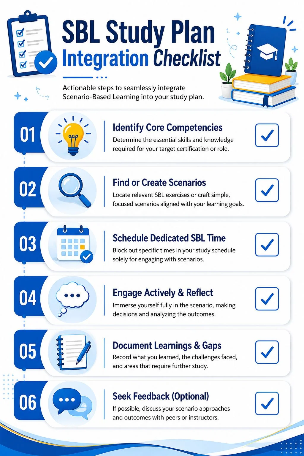 Six-step checklist for integrating scenario-based learning into a study plan.