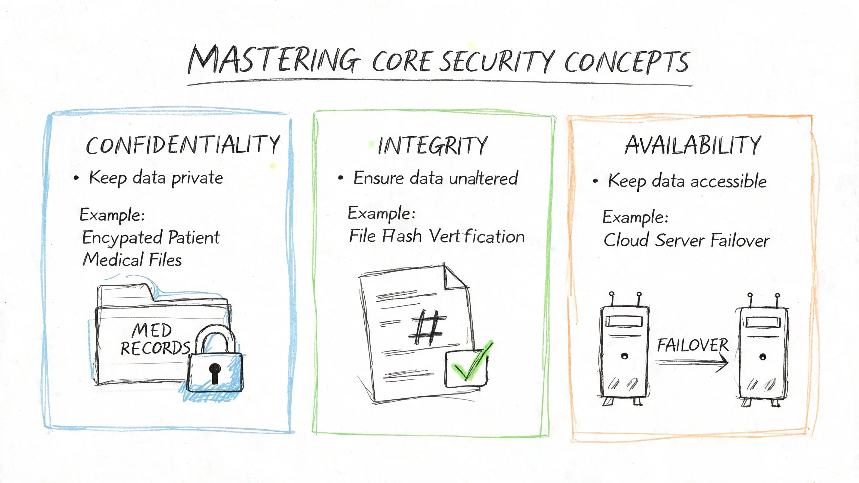 Diagram illustrating the cybersecurity CIA triad: confidentiality, integrity, and availability.