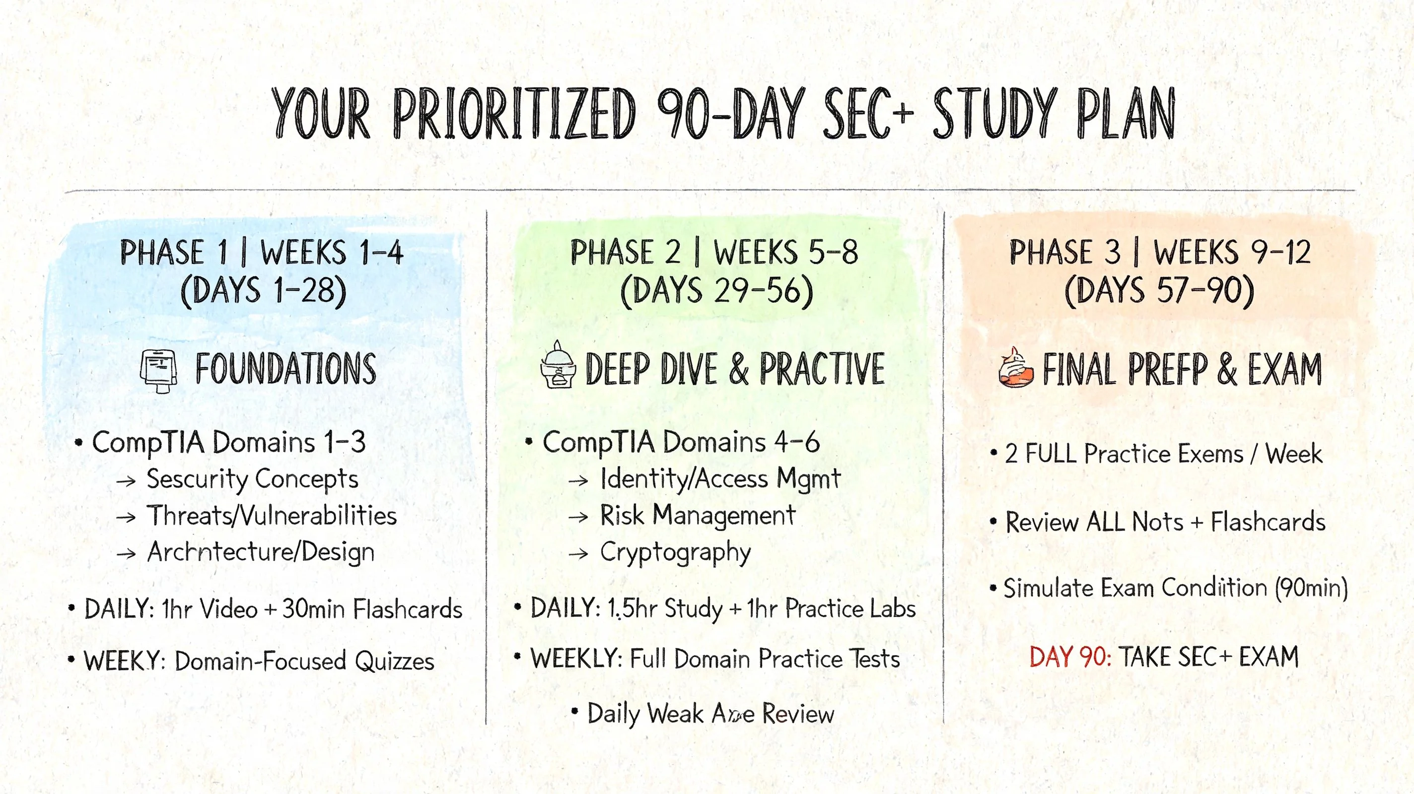 Structured 90-day CompTIA Security+ study plan with three phases.