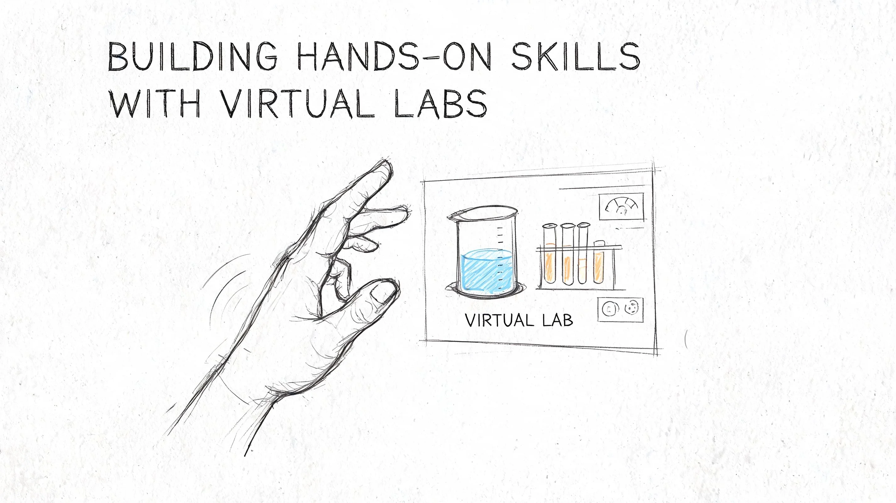 Hand pointing to digital display with lab equipment graphics.