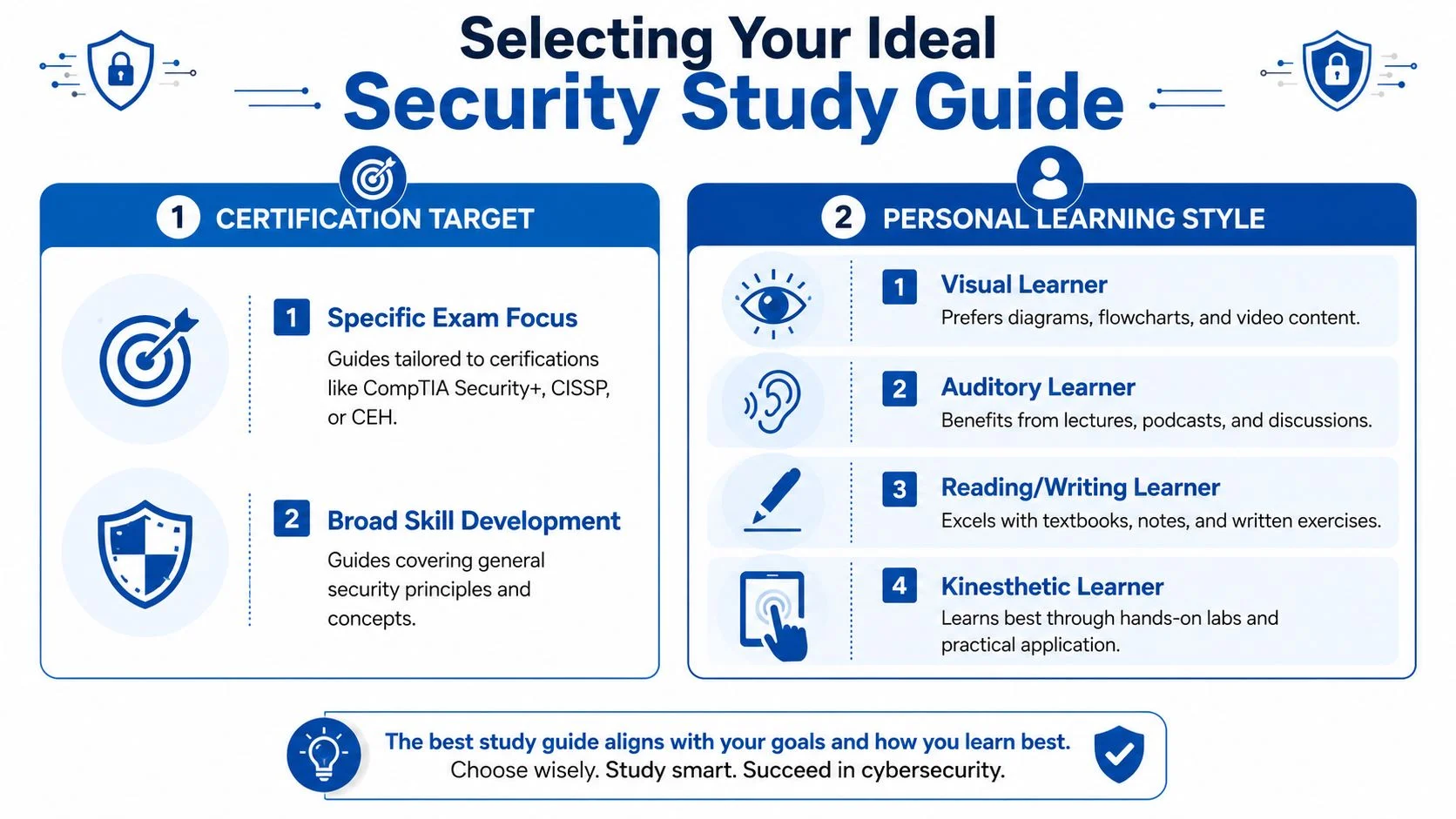 Infographic on selecting an ideal security study guide, covering certification targets and learning styles.