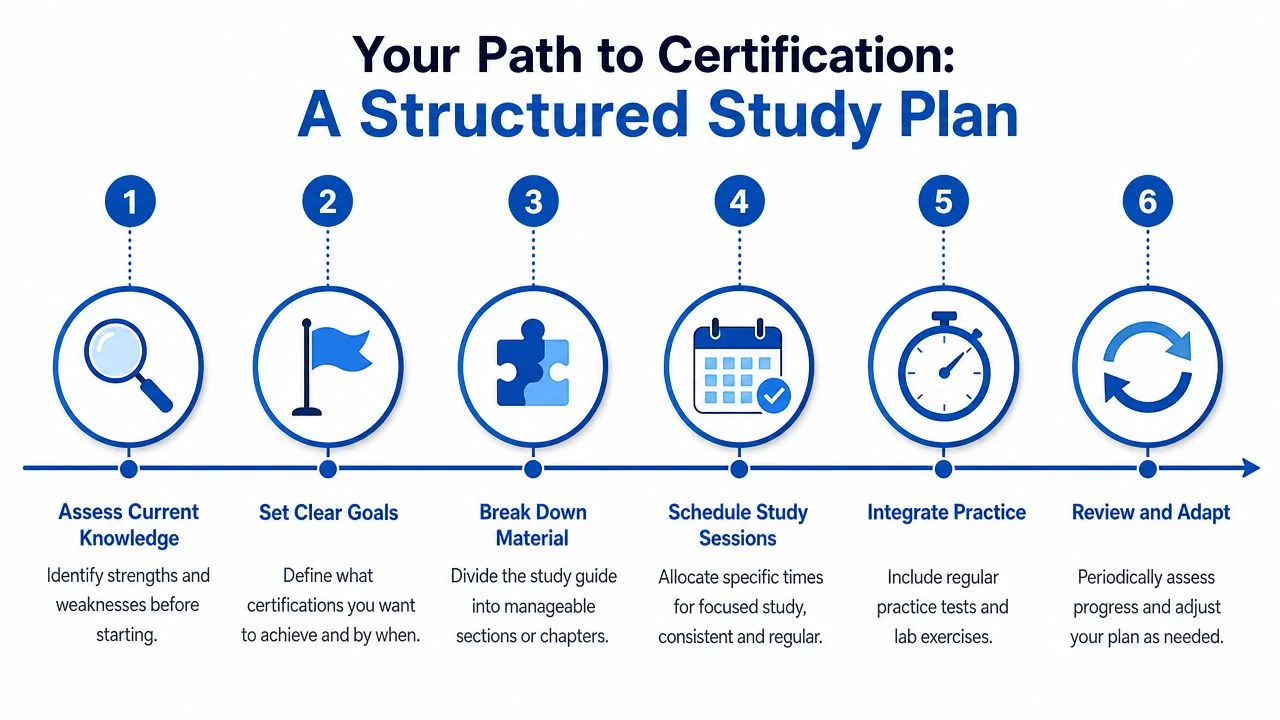 Infographic illustrating a six-step path to certification preparation.