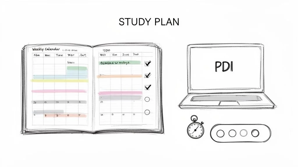 A hand-drawn study plan showing a weekly calendar, to-do list, laptop, stopwatch, and progress bar.