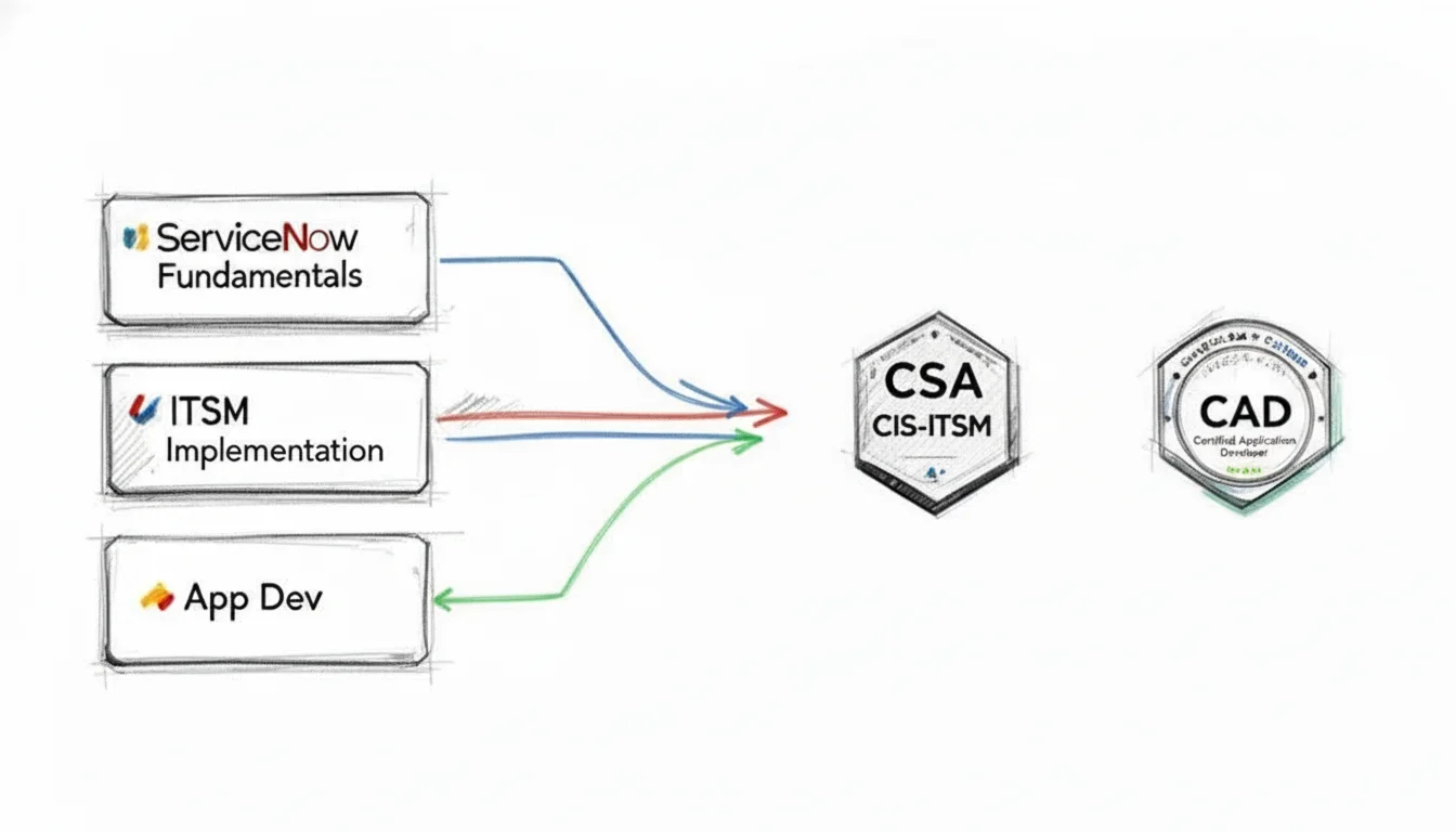 Diagram showing ServiceNow certification paths, including Fundamentals, ITSM, and App Dev leading to CSA and CAD certifications.