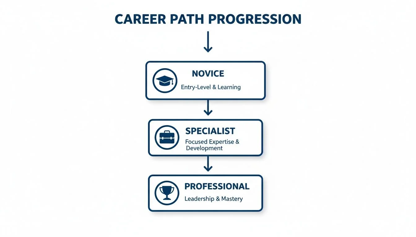 A career path progression diagram illustrating three stages: Novice, Specialist, and Professional, with descriptions and icons.